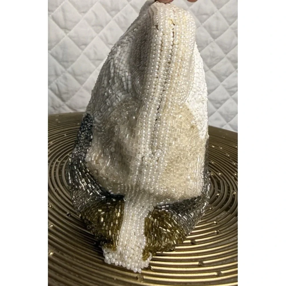 Vintage Prom Beaded Clutch Purse Wavy‎ Pattern Metallic Shimmer Glass Seed Beads